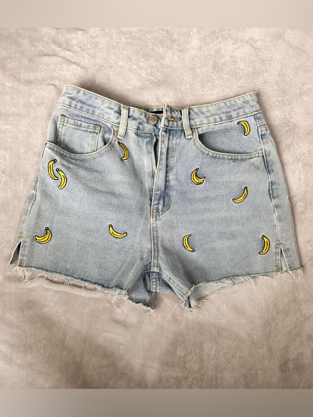 Angel Kiss Light Wash Denim Shorts with Yellow Banana Embroidery